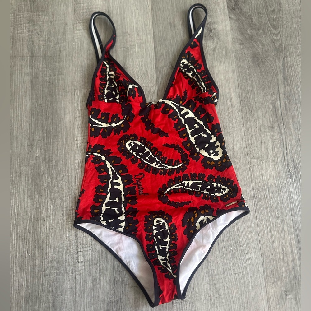 DSQUARED2 Red and Black One Piece Swimsuit with Snake Pattern